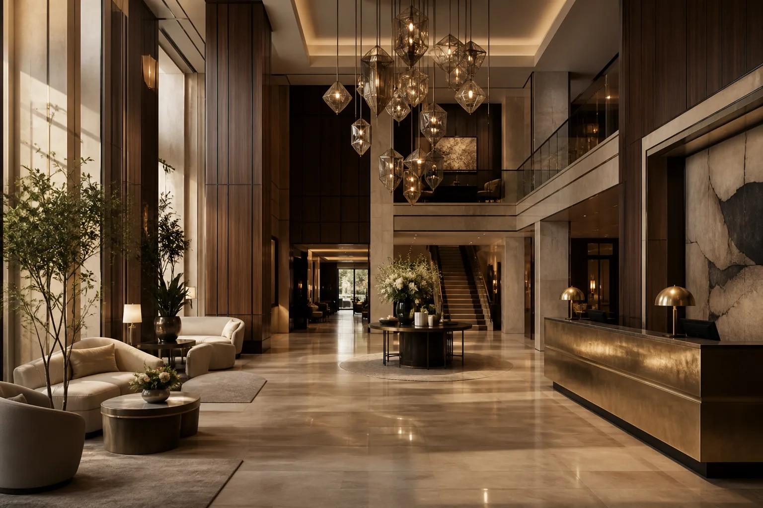 Ashmere grand lobby with travertine floors and bronze reception