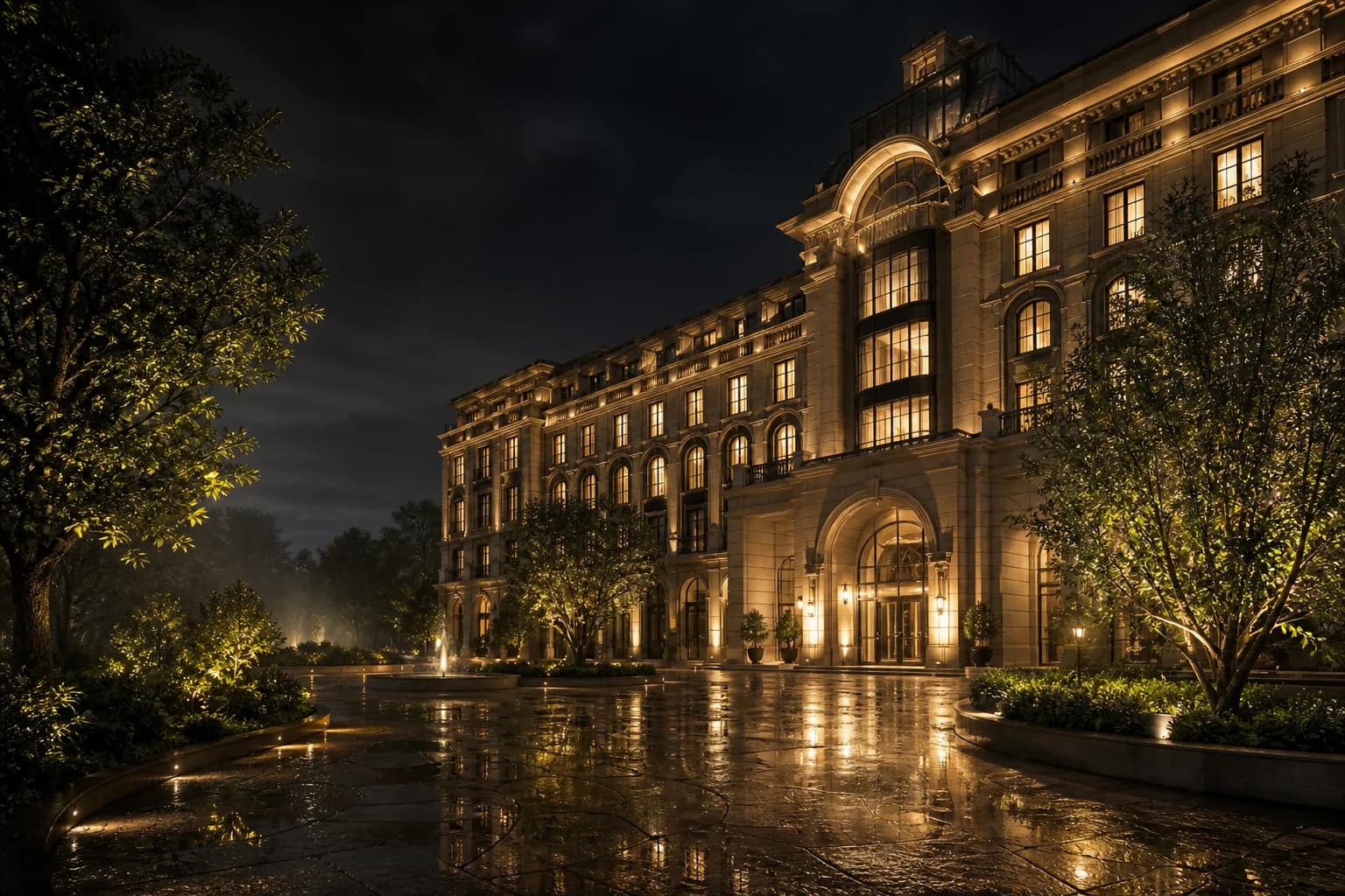 Ashmere night exterior with warm window light on wet courtyard stone