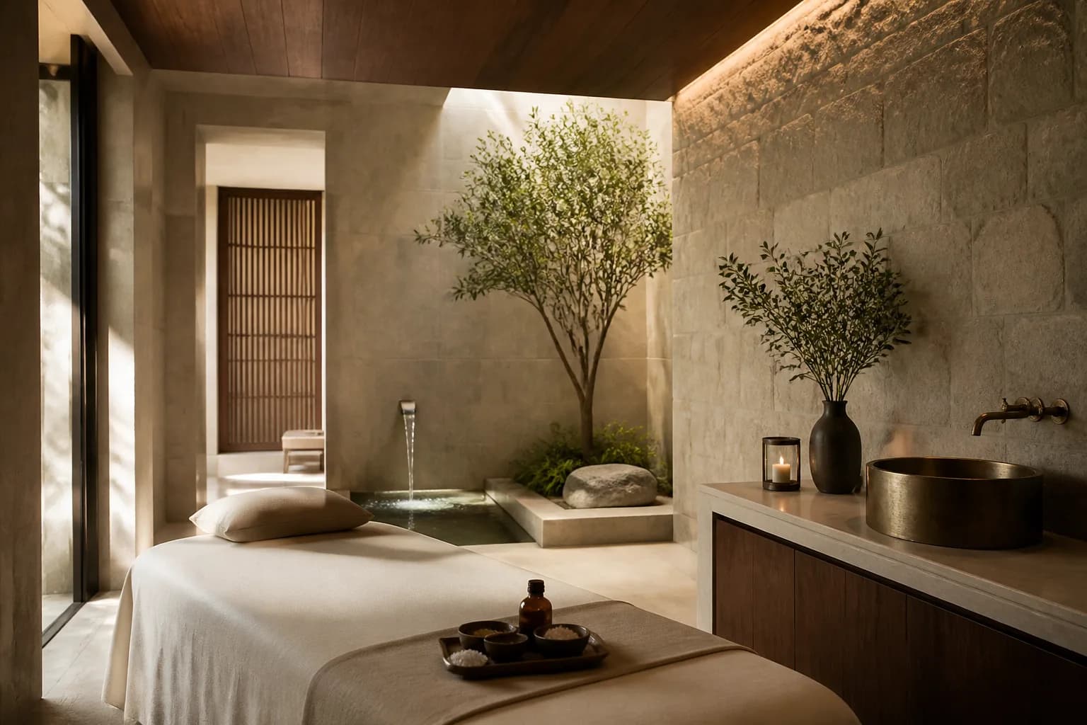 Ashmere spa treatment room with stone walls and linen bed